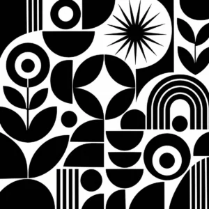 Mid-century geometric mosaic with circles, arches, blocks and abstract forms.