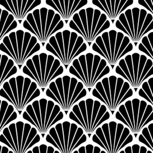 Repeating fan-shaped shells interlocking in a symmetrical tessellation.