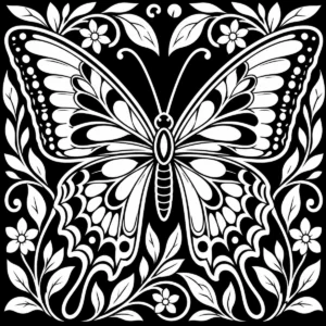 Large butterfly framed by curling leaves and decorative floral ornament.
