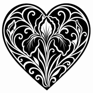 Art Nouveau floral heart emblem with flowing leaves and a central bloom.