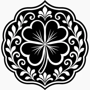 Art Nouveau four-leaf clover within a rounded botanical ornamental frame.
