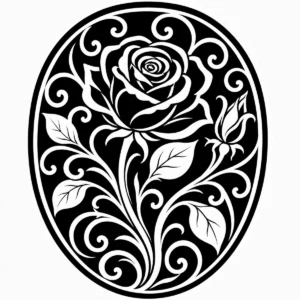 Art Nouveau rose medallion with curling foliage in an elegant oval design.