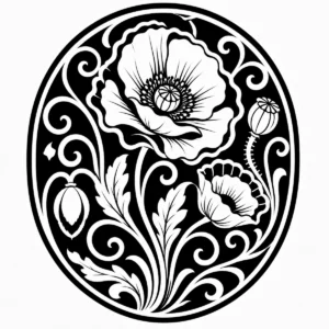 Art Nouveau poppy medallion with sweeping leaves and decorative curves.