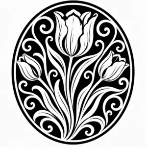 Art Nouveau tulip emblem with flowing stems and leaves inside a tall oval frame.