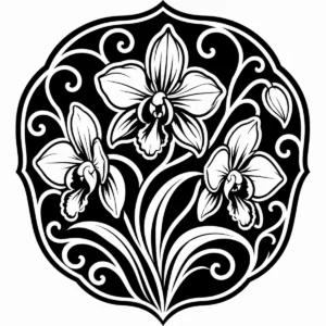 Art Nouveau orchid medallion with clustered flowers and curling foliage.