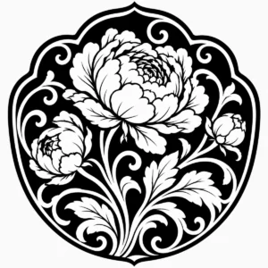 Art Nouveau peony medallion with layered blossoms and sweeping leaves.