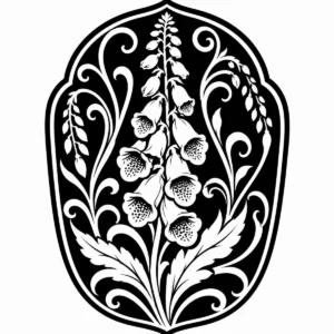 Art Nouveau foxglove emblem with a tall flower stem and curling botanical frame.