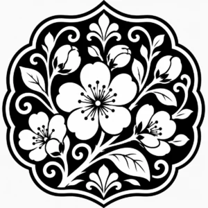 Art Nouveau spring blossom emblem filled with flowers and lively leaves.