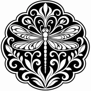 Art Nouveau dragonfly emblem with symmetrical wings and flowing botanical curves.