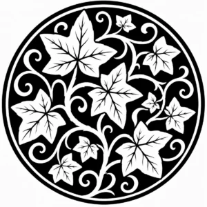 Art Nouveau ivy vine medallion with trailing leaves woven around a circle.
