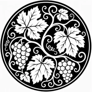 Art Nouveau grapevine medallion with grape clusters and broad curling leaves.