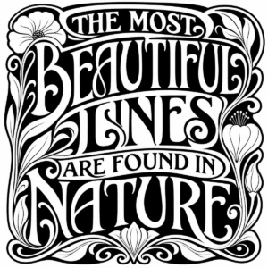 Bold decorative lettering reading The Most Beautiful Lines Are Found in Nature.