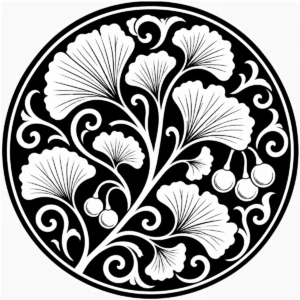 Art Nouveau ginkgo medallion with fan-shaped leaves, berries and flowing curves.