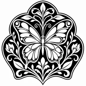 Art Nouveau butterfly shield framed by symmetrical leaves and ornamental curves.