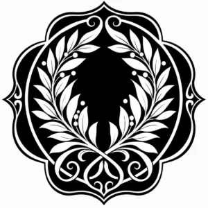 Art Nouveau laurel wreath surrounding a dark central silhouette and decorative border.
