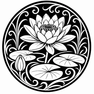 Art Nouveau lotus medallion with a lotus flower and broad water-lily leaves.