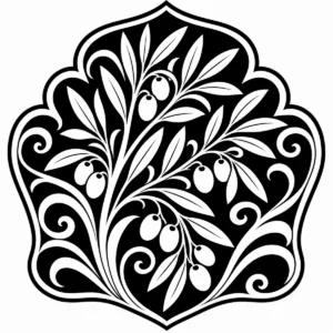 Art Nouveau olive branch with elegant leaves, fruit and flowing ornamental curves.