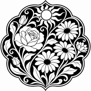 Art Nouveau summer garden with roses, daisies, foliage and a bright sun.