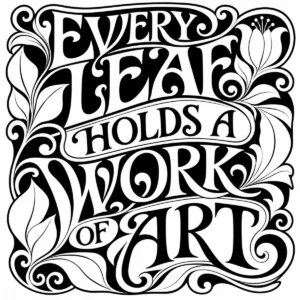 Bold decorative lettering reading Every Leaf Holds a Work of Art.
