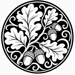 Art Nouveau emblem with broad oak leaves, acorns and flowing natural forms.