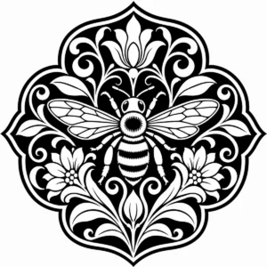 Art Nouveau honey bee medallion surrounded by petals, leaves and curling lines.