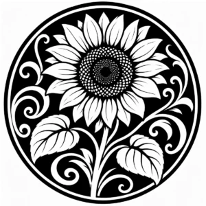 Art Nouveau sunflower medallion with a bold central flower and broad leaves.