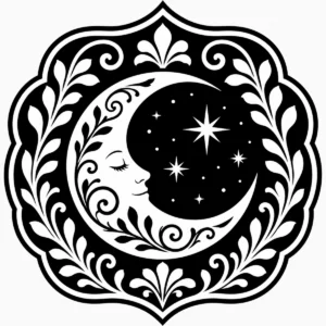 Art Nouveau crescent moon and stars within a dreamy circular ornamental frame.