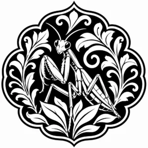 Art Nouveau praying mantis framed by tall leaves and sweeping ornamental curves.