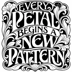 Bold decorative lettering reading Every Petal Begins a New Pattern.