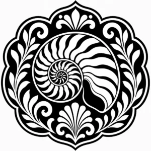 Art Nouveau nautilus shell medallion with a bold spiral and repeating leaves.