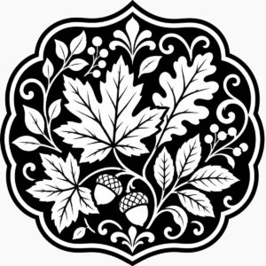 Art Nouveau autumn emblem with maple leaves, oak leaves and acorns.