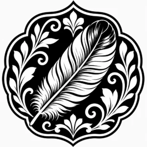 Art Nouveau feather medallion framed by elegant leaves and curling lines.