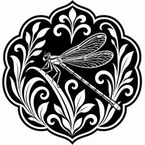 Art Nouveau damselfly within a tall decorative frame of leaves and stems.