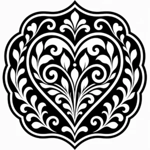 Art Nouveau heart emblem formed from layered leaves and curling botanical shapes.