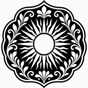 Art Nouveau sunburst arabesque with radiant centre and rhythmic curling leaves.