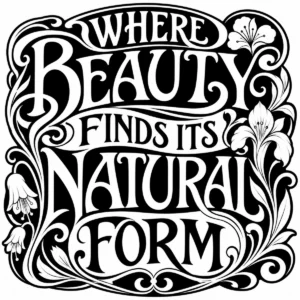 Bold decorative lettering reading Where Beauty Finds Its Natural Form.