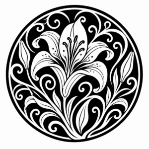 Art Nouveau lily medallion with symmetrical scrollwork and curling leaves.