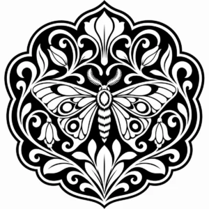 Art Nouveau moth filigree emblem with spread wings and botanical curves.