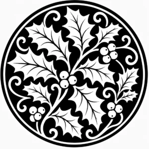 Art Nouveau holly wreath with berries and graceful ornamental details.