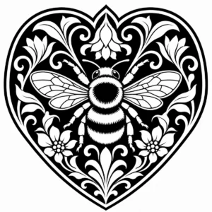 Art Nouveau bumble bee inside a floral heart emblem with leaves and flowers.