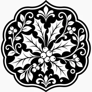 Art Nouveau winter holly emblem with bold leaves and clustered berries.