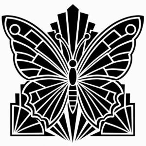 Art Deco butterfly emblem with bold geometric symmetry and stylised wings.