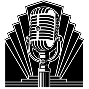 Vintage Art Deco microphone set against a dramatic stepped geometric backdrop.