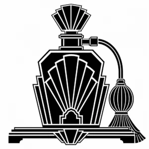 Art Deco perfume bottle with fan-shaped stopper and elegant atomiser.