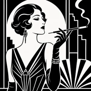 Elegant Art Deco flapper holding a long cigarette holder within geometric framing.