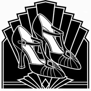 Art Deco evening shoes displayed on a stepped geometric pedestal.