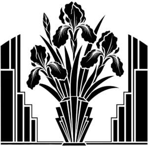 Stylised iris flowers arranged in a crisp geometric Art Deco vase.