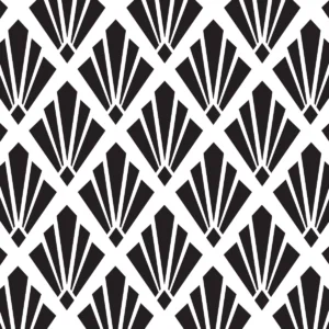 Repeating Art Deco fan lattice pattern with bold interlocking geometric forms.