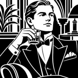 Smartly dressed Art Deco gentleman holding a whiskey tumbler.