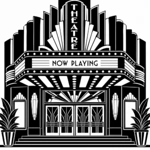 Grand Art Deco theatre entrance with dramatic stepped architectural forms.